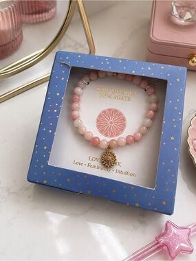 Semi-Precious Pink Agate Beaded Stretch Bracelet with Gold-Tone Charm (BR222BN)